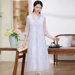 Etniska kläder sommaren high-end cheongsam retro broderi stor blomma enkelbröst kinesisk fransad organza dam long klänning s-xxl