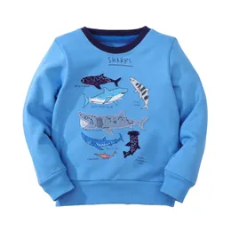 T 셔츠 점프 미터 소년 긴 소매 상어 자수 무늬 스웨터 아동복 가을 겉옷 파란색 의류 2 7 년 230627