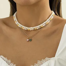 Anhänger Halsketten Vintage Elegante Mehrschichtige Nachahmung Perlen Kristall Herz Für Frauen Geometrische Kette Choker Colar Schmuck Geschenk