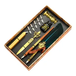 Stifte Vintage Sprinkeln goldener Federstift Luxus Brunnen Stift Set Tinte Flasche Kalligraphie Schreiben Dip Stift Geburtstag Geschenkbox12 Nib Quill