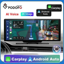 s Podofo Car Mirror Gravação de vídeo Carplay Android Auto Conexão sem fio GPS Navigation Dashboard DVR AI Voice L230619