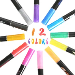 İşaretçiler Sharkbang 12 Renk/Set Metal Anahat İşaretçisi Çizim Boyama İşaretçisi Çift Hatta Kalem Seti Renkli Kalem Kırtasiye