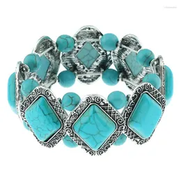 Strand Vintage Natural Stone Elastic Bracelet For Women Geometric Rhombus Blue Beaded Handmade Jewelry Tibetan Silver Stretch Bracelets