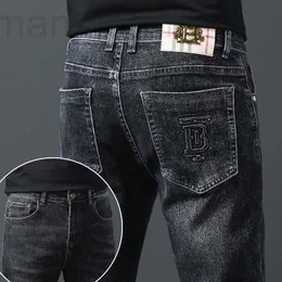 Herr jeans designer europeisk ny produkt tb hög temperatur stämpel för ljus lyx koreansk utgåva tjocka elastiska fötter smala fit bomullskula slut män ulc2