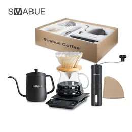 Coffeware 세트 커피 세트 액세서리 수동 그라인더 밀 유리 냄비 필터 드리퍼 Gooseneck Kettle Specialized Barista Kit 230627