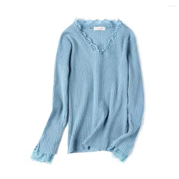 Women's Sweaters V-neck Bottoming Shirt Women Eyelash Lace Knitwear Long-sleeved Slim Pullover Top Feminine In 2023 Autumn