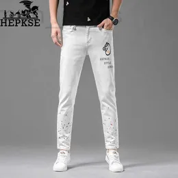 Men's Jeans designer Youth high-end quality men's white printed jeans fashion SLIM STRAIGHT cropped pants spring and autumn style OC99