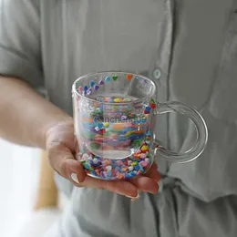 Lazzy House Shining Fairy Double Layer Quicksand Water Cup Big Ear Coffee Breakfast Heat Insulation Bubble Sequin Creative Glass L230620