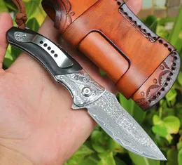 Flipper Fodling Knife VG10 Damascus Steel Drop Point Blade Natural Ebony + Steels Huvud Hantera kulbärande fickknivar med lädermantel