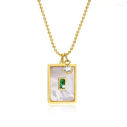 Kedjor Rektangel Square Shell Necklace Green Cubic Zirconia Inlay Pendant Justerbar rostfritt stål Necksmycken Vattentät