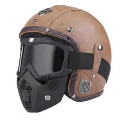 Hełmy taktyczne Retro Vintage Helmet Motorcycle 3/4 Otwarta Kopa Zatwierdzona dieście PU skórzane kaski Moto Motocross Hełmy z goggle Maskhkd230628