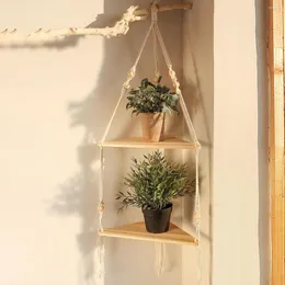 Hooks Storage Holders Macrame Hanging Shelves 1/2/3 Tier Plant Shelf For Wall Wood Color Woven Rope Floating Window Bedroom Decoration