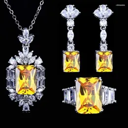 Orecchini collana set gioielli di moda intarsio cristallo giallo zircone fascino orecchini pendenti geometrici/pendente per le donne anello di eternità di nozze