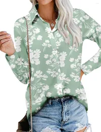 Women's Blouses Women's V-neck Green Floral Print Shirt Woman Blouse Casual Long-sleeved Button-up Tops Oversized Loose Fashion Suit
