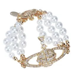 Pulseira de pérolas com miçangas de moda de luxo de três camadas com braceletes Saturn cheias de diamante, mulheres encantadoras usam nobre elegante e bicolor prateado Vivian1256