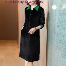 カジュアルドレスZuo Man Ru Summer Runway Vintage Black Velvet Dress Women's Turnown Collar Luxury Gold Line Polo Elegant Party