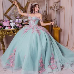 반짝 이는 섹시한 오프 숄더 quinceanera 드레스 볼 가운 드레스와 3dflower appliques beading sweetheart sweet 16 vestidos de fiesta