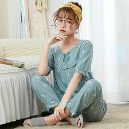 Roupa de dormir feminina pijama feminino primavera e verão algodão szlafrok manga curta terno fino coreano desenho animado casual serviço doméstico roupa de dormir