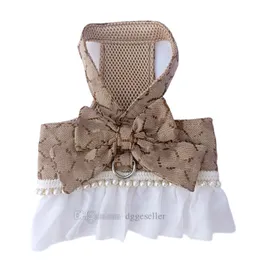 Designer Dog Dress with Bow Tie Classic Letter Pattern Harness Dress for Small Dogs Cute Dog Pet Girl Puppy Summer Clothes for Yorkie Chihuahua Training Walking