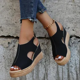 Women Summer Sandals Shoes 2023 Hollow Out Leather Platform Open Toe Wedge Ladies Light Casual Zapatillas Muje 5 5 5 5