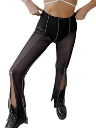 Women's Pants Caziffer Sexy Durchsichtige Damen-Hose Ausgestellt Durchscheinend Netzhose Elastisch Mittlere Taille Geteiltes