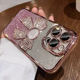 Mode Luxus Überzug Gradienten Bowknot Logo Loch Telefon Fall Für iPhone 15 14 13 12 11 Pro Max Plus X XS XR Weiche Stoßstange Glitter Abdeckung