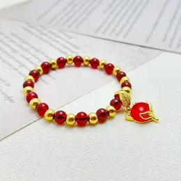 Strand Yellow Gold Plated Charm Bracelets For Women 6mm Red Beaded Chain Bracelet Pendant Pulsera Femme Wedding Jewelry Accessories