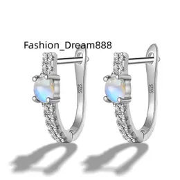 Zirconia Natural flat oval Blue Moonstone band Huggie Hoop Earring 925 sterling silver Platinum Plated wedding jewelry for women