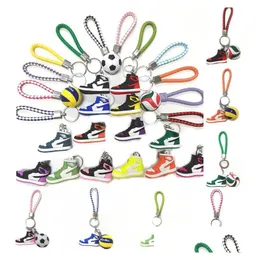 Keychains Lanyards 3st/sets Sile 3D Sneaker Ball Rope Keychain Basketball Football Volleyball Sport Shoes Keycring Bag For Men wo Dhyn0