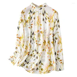 Blusas Femininas Seda Natural Estampa Floral Manga Comprida Blusa Gravata Laço Real Tops Para Mulheres Roupas de Escritório Camisas Trabalho