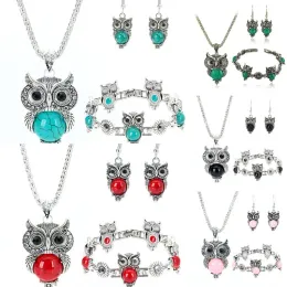 Mode 10st/Lot Classical Owl Turquoise smycken set 3 -stycken Set Vintage Böhmen Style Armband Pendant Necklace Earring Natural Stone