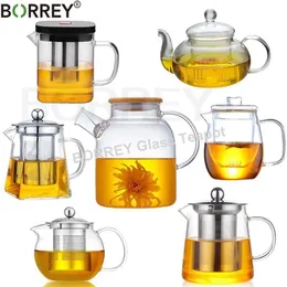 Bottiglie d'acqua BORREY Drop Teiera in vetro resistente al calore Vari stili di vendita di set da tè Clear Kettle Flower Puer Infuser Pot 230627