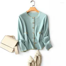 Women's Knits Spring Autumn Style Morandi Green Long Sleeve Buttons Crew Neck Superior Cashmere Sweater Cardigan For Women