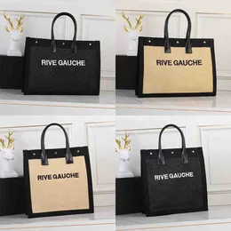 Роскошная дизайнер Rive Gauche Tote Mag в рафии и кожаной сумке для торговых точек женская сумочка летние рафия льня