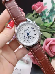 Classic News Erkek Saat Paslanmaz Çelik Safir Cam Geri Otomatik Mekanik Kahverengi Mavi Deri MoonPhase mozanit saat