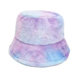Women Winter Big Wide Brim Plus Plush Thick Warm Fisherman Hat Polyester Imitation Rabbit Fur Tie Dye Shopping Bucket Cap R52