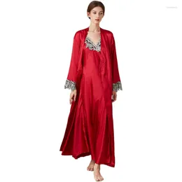 Kvinnors sömnkläder Kvinnor Lady Silk Lounge Set Elegant Long Robe Gown Set Women Nightie Dress Satin Nightgowns Bathrobe Femme