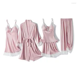 Damen-Nachtwäsche für Damen, 5-teilig, Rayon-Robe-Sets, sexy Nachthemd, Spitze, Blumenbesatz, Pyjama, Anzug, Nachtwäsche, lockeres Kimono-Bad