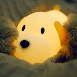 Lights Silicone Dog LED Night Light Touch Sensor 2 Färger Dimble Timer USB Raddbar Bedside Puppy Lamp för barn Baby Toy Gift HKD230628