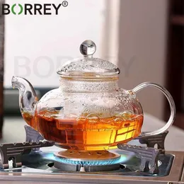 Wasserflaschen Borrey Glas Tee-Set Hitzebeständiger Infuser Topf Doppelwandige Tasse Kung Fu Puer Wasserkocher Gasherd Teekanne 230627