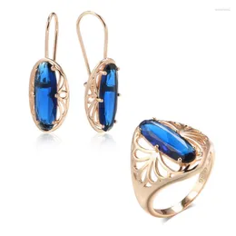 Halsbandörhängen Set WBMQDA Blue Natural Zircon Drop Ring för kvinnor 585 Rose Gold Color High Quality Daily Fine Vintage