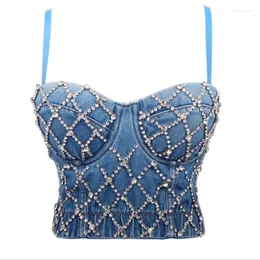 Kvinnors tankar Summer Women Sexy Denim Crop Tops 2023 Diamond Crossing Sleeveless Strap Bra Vests Shiny Nightclub Wear Glittering Camis