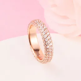 Rose Gold Plated Timeless Pave Double-Row Ring med Clear CZ Fit Pandora Jewelry Engagement Wedding Lovers Fashion Ring