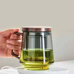 Bicchiere da acqua in vetro resistente alle alte temperature addensato Copertura in legno massello di noce nera Filtro incorporato Set da tè per la casa Tazza da caffè L230620