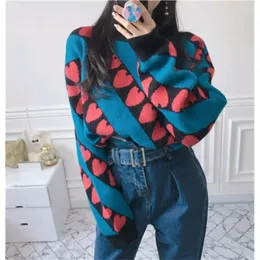 Women's Sweaters Korean Sweater Women Winter Turtleneck Contrast Color Sweet Hearts Jacquard Knitted Pullover Angora Hair Jumpers