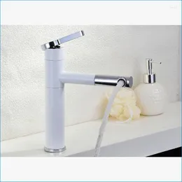 Bathroom Sink Faucets Pull Out Single Handle Mixer Tap White Basin Faucet Deck Mounted And Cold J14794
