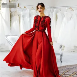 Vestidos de noite muçulmanos elegantes mangas compridas Baile de formatura vermelho tijolo Renda com apliques de contas Calças de noite ternos Dubai Kaftan Vestido formal Vestidos de festa