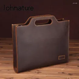 Pastas Johnature Crazy Horse Couro Retro Men Bag Business Pasta Natural Real Cowhide Handbag Lazer Bolsas de Ombro de Grande Capacidade