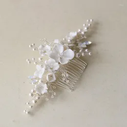 Hair Clips Bridal Comb Ceramic Floral Piece Gold Silver Color Pearls Wedding Jewelry Handmade Women Headpiece