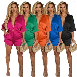 Kvinnors spårdräkter Kvinnor Satin Casual Outfits 2 Pieces Shorts Set Summer Half Sleeve Button Up Shirt Top and Drawstring Mini Loungewear